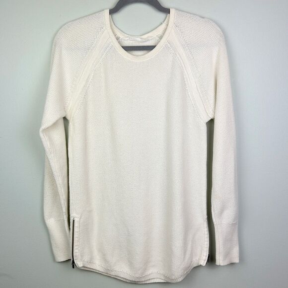 ATHLETA Varsity Crewneck Knit Pullover Side Zipper Sweater Cotton Ivory Cream L - Picture 1 of 12